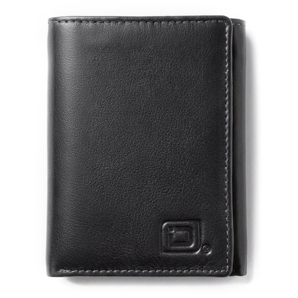 Black leather trifold wallet with ID window and embossed logo on the front