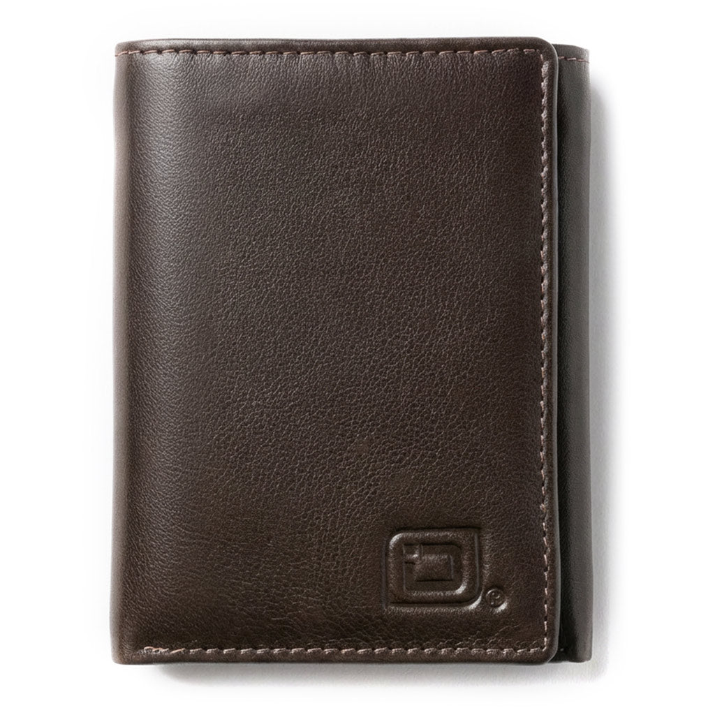 Brown leather RFID trifold wallet, snap logo patch on front