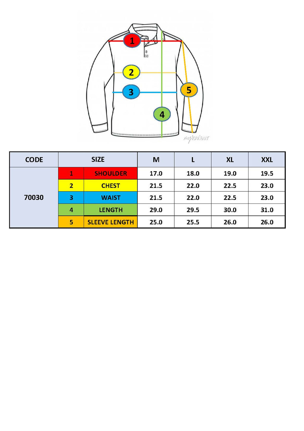 Polo size chart showing shoulder, chest, waist, length, and sleeve length (S–XXL)