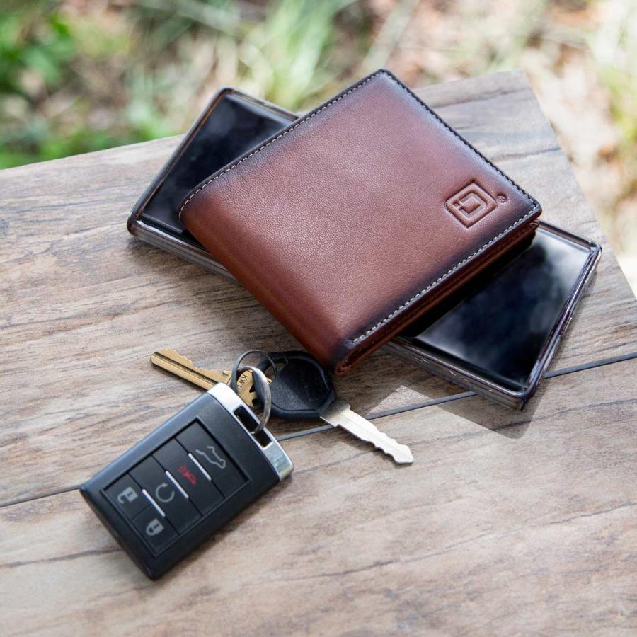 Brown leather bifold wallet with embossed emblem and ID window