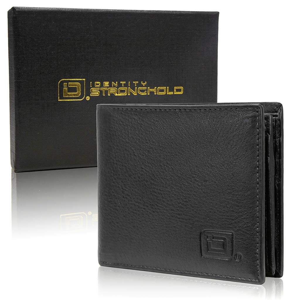 Black bifold wallet with embossed logo front, with matching Identity Stronghold box