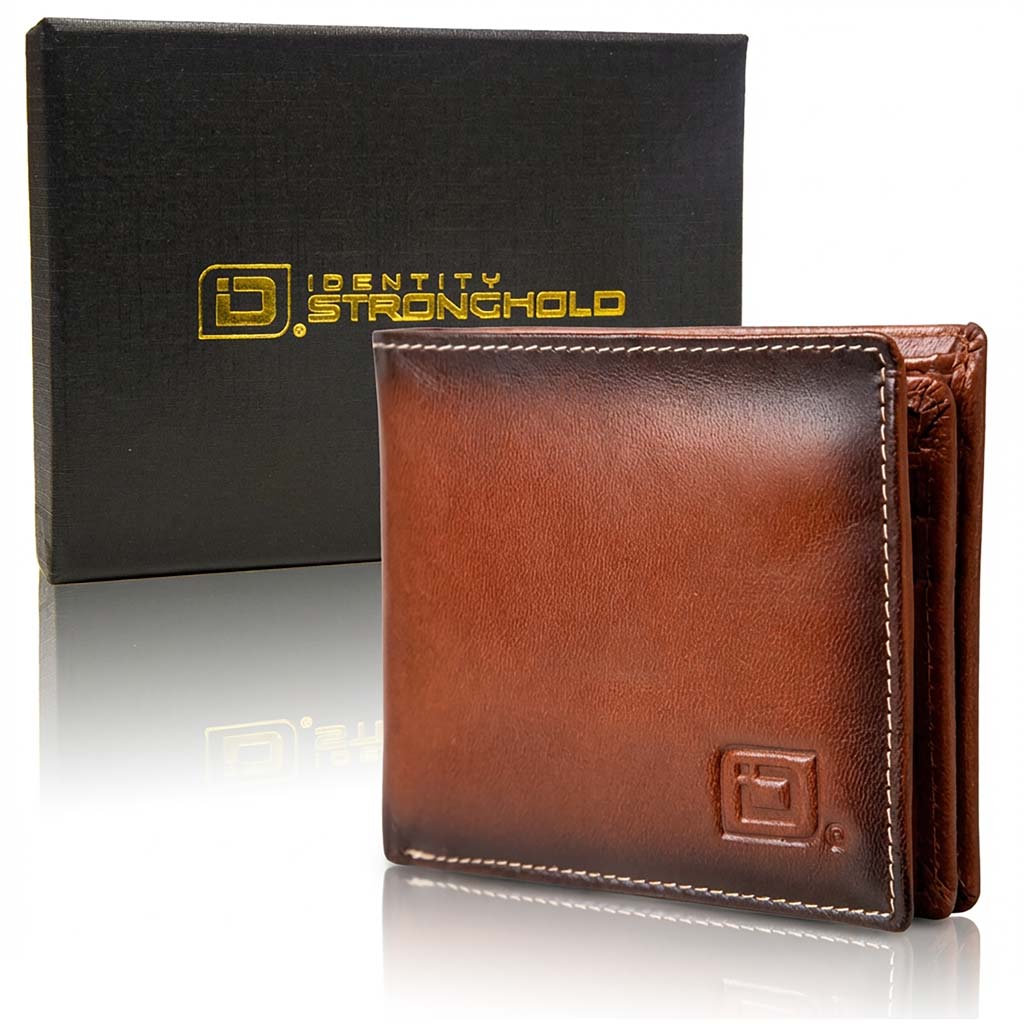 Brown leather bifold wallet with ID window and embossed logo