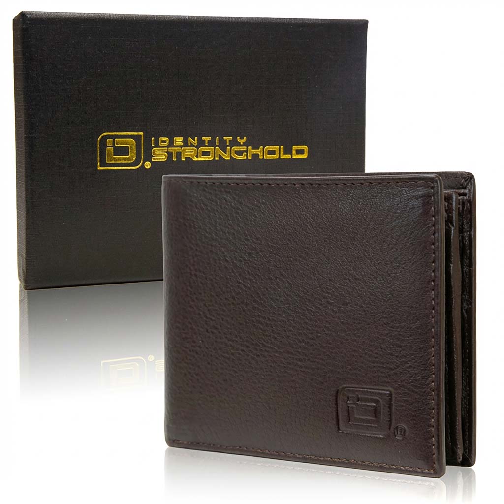 Men's RFID bifold wallet, dark brown with embossed Identity Stronghold logo