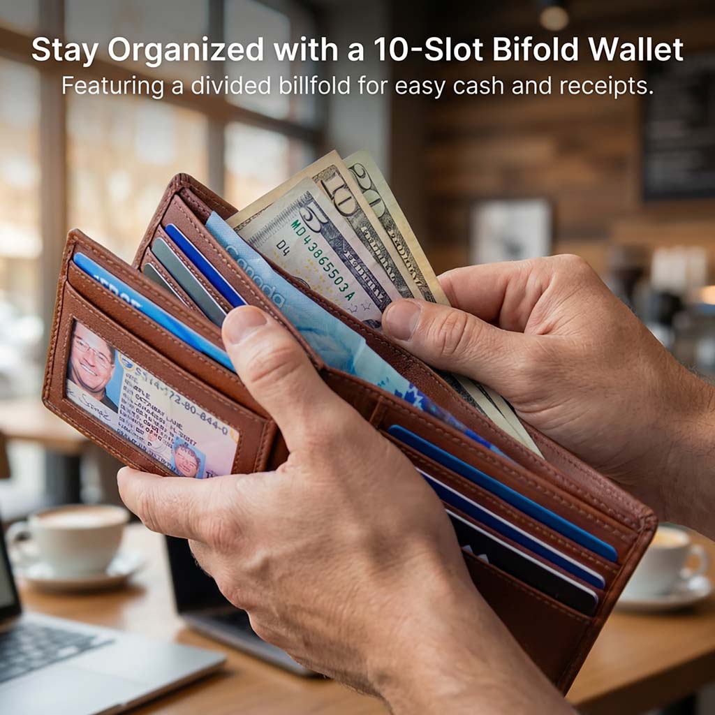 Brown bifold wallet open showing ID window and card slots with cash