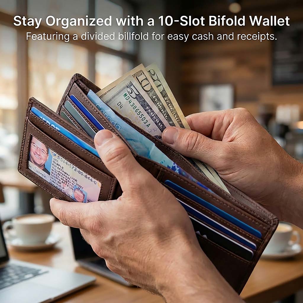 Men's RFID bifold wallet with ID window, open showing card slots and cash