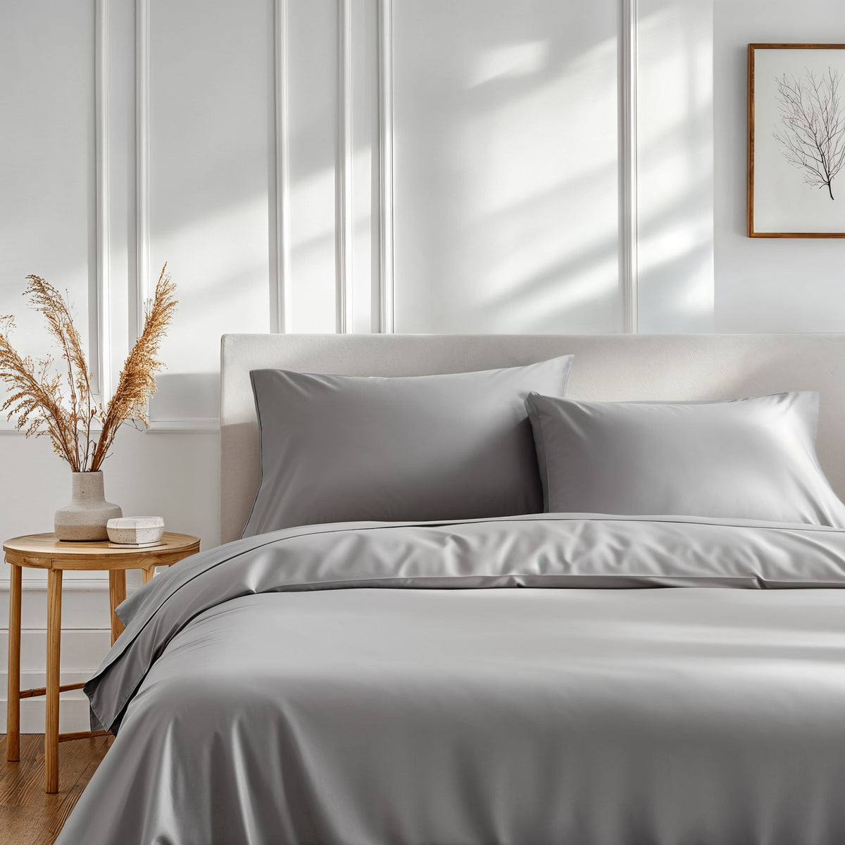 Light gray sateen sheet set with pillowcases on a neatly made bed