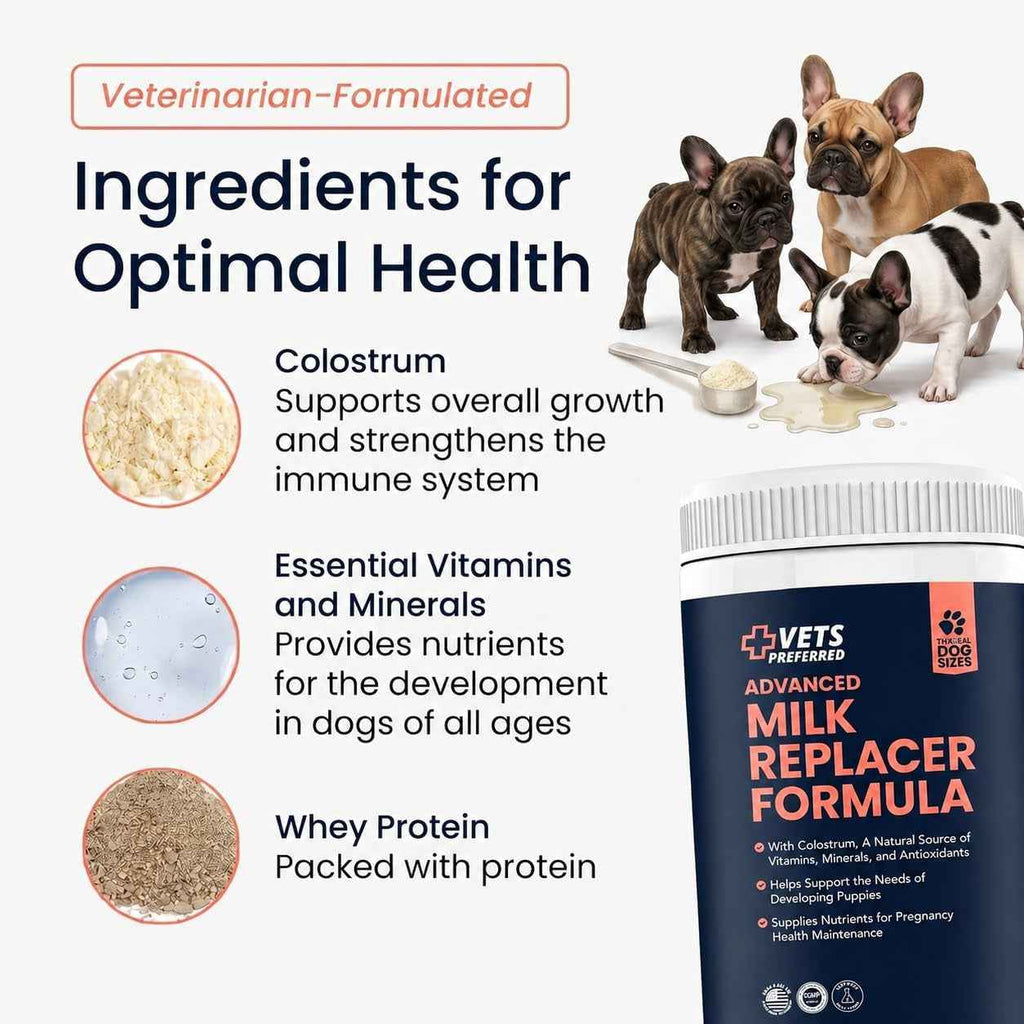 Vets Preferred milk replacer formula tub with ingredient details and dogs