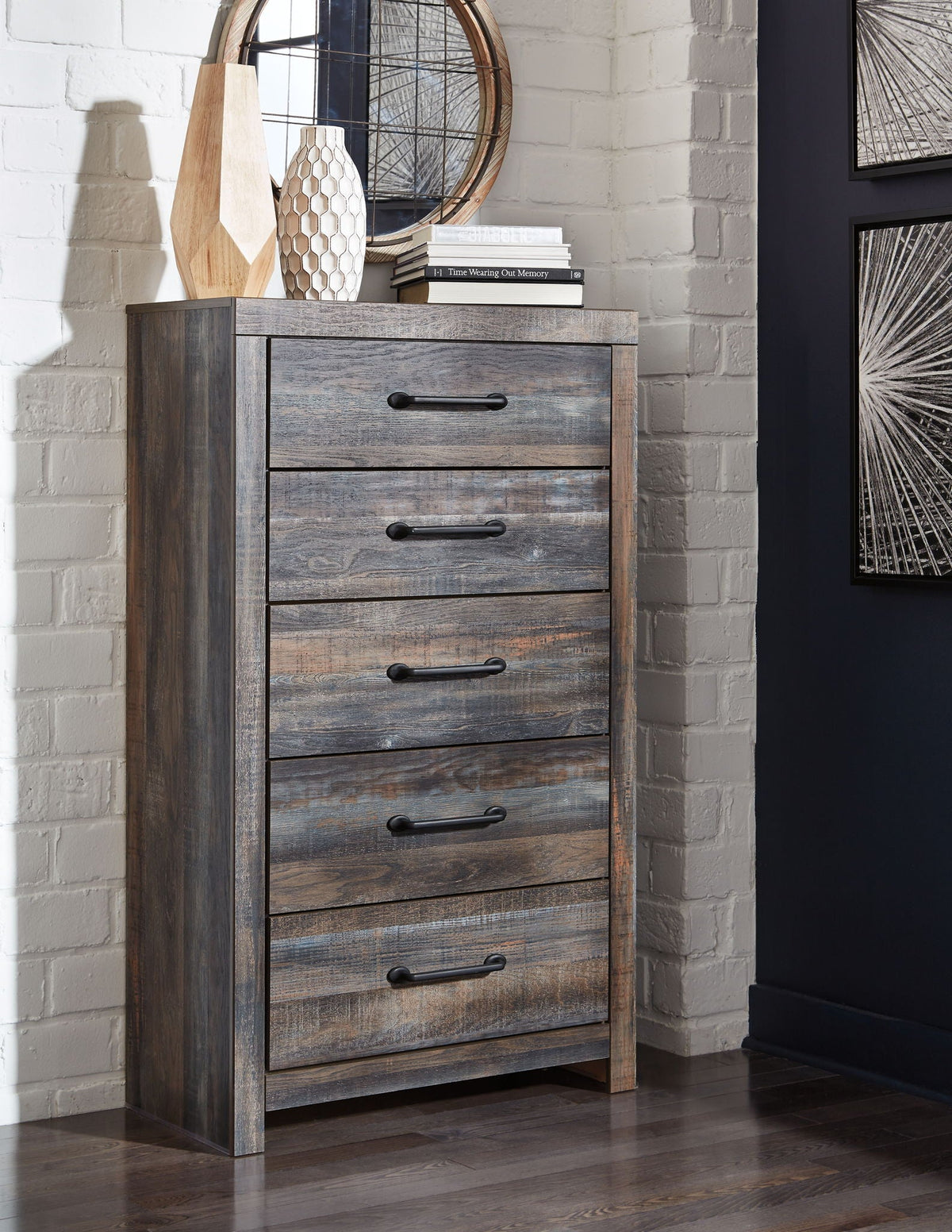 Weathered wood tall dresser with five drawers and metal bar pulls