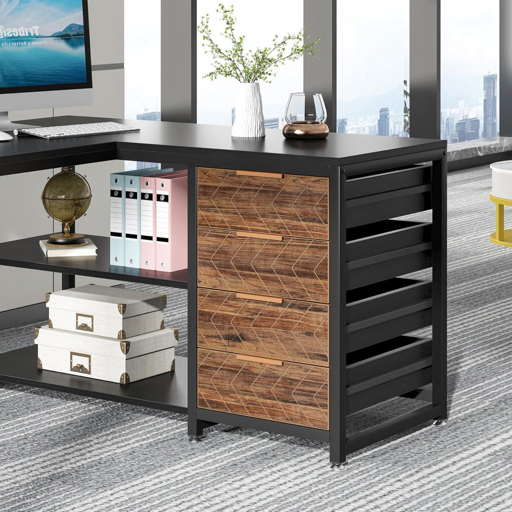 L-shaped computer desk cabinet side, black shelves and drawer with wood panel door