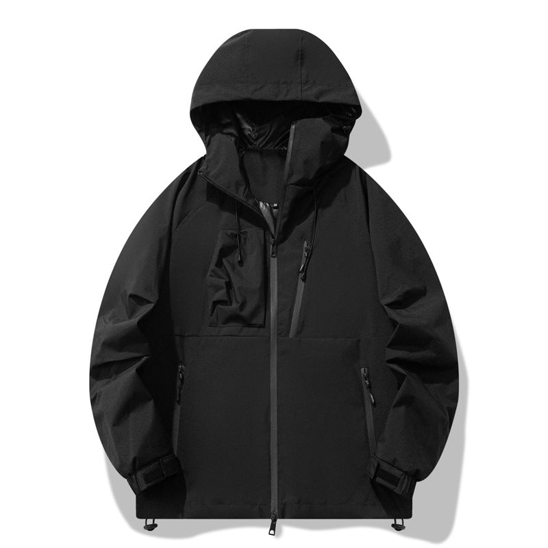Black outdoor waterproof windproof jacket with hood and full-length zip front