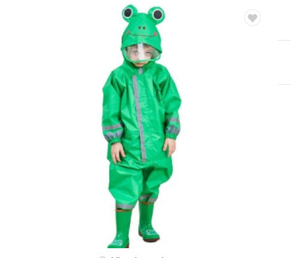 Green kids conjoined raincoat with hood shaped like a frog, face opening, reflective accents