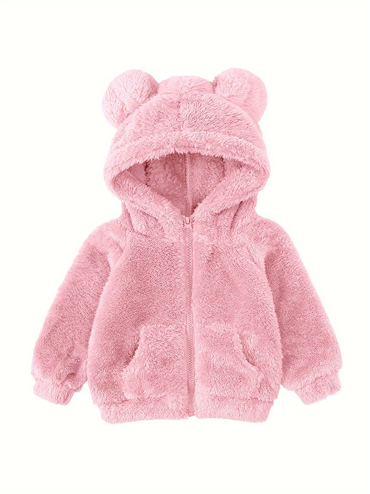 Baby girl fuzzy hooded jacket in pale pink plush with bear-ear hood and front zipper