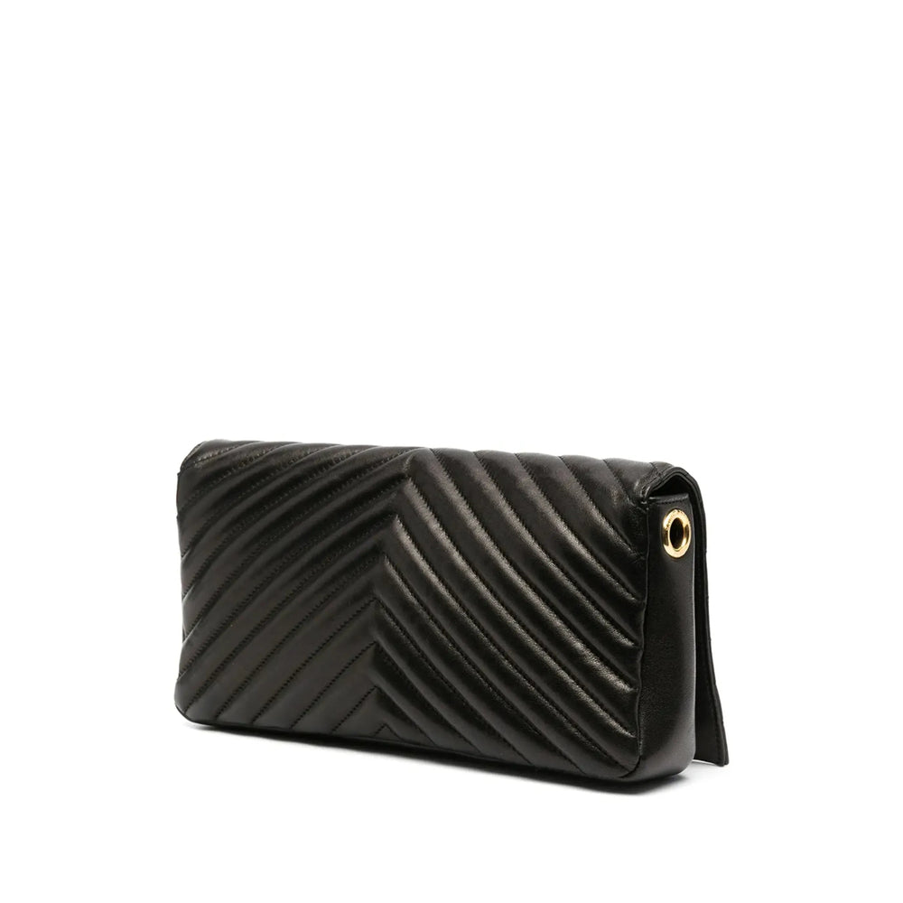 Quilted black leather shoulder bag with chevron stitching and gold logo clasp
