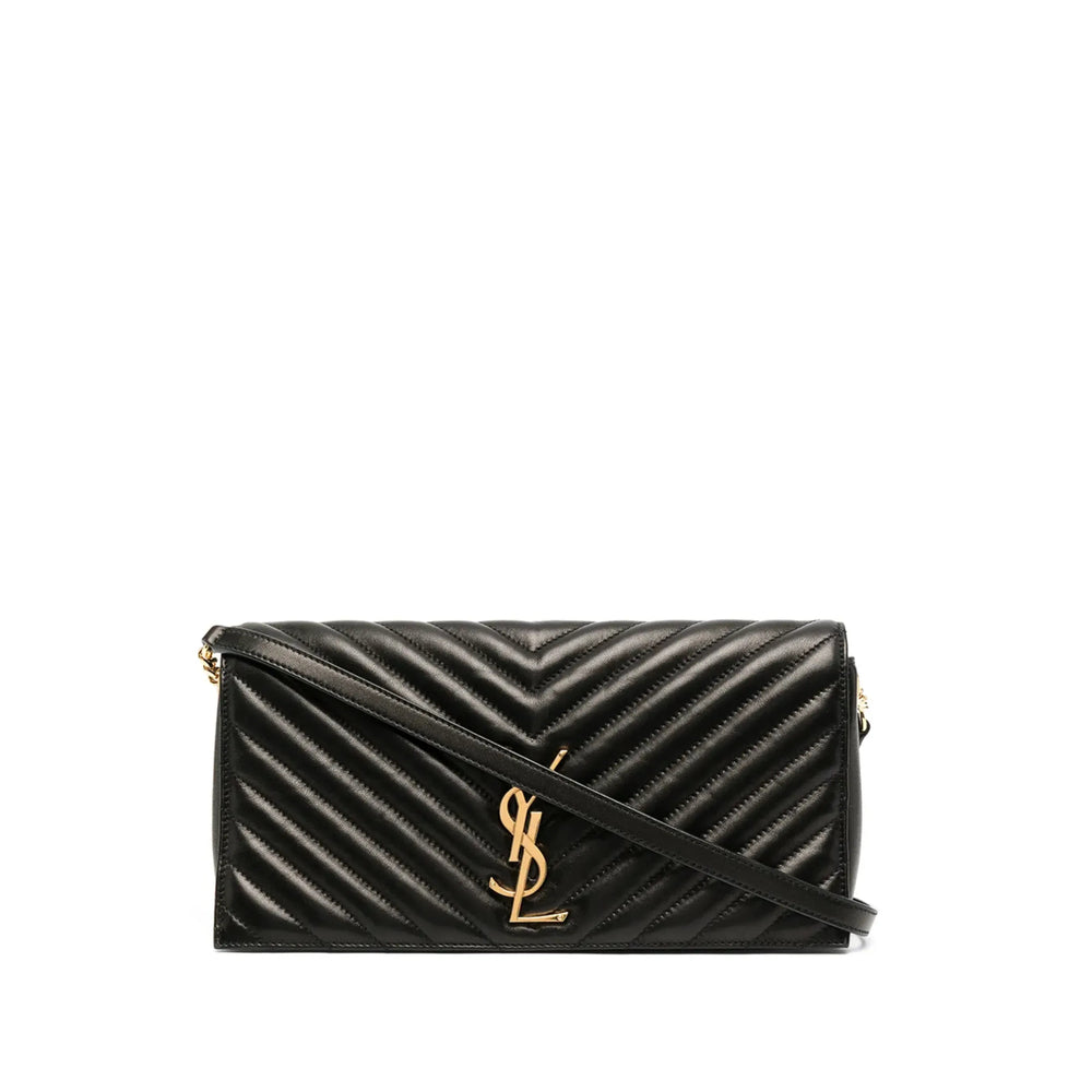 Quilted black leather crossbody bag with diagonal strap and gold YSL logo