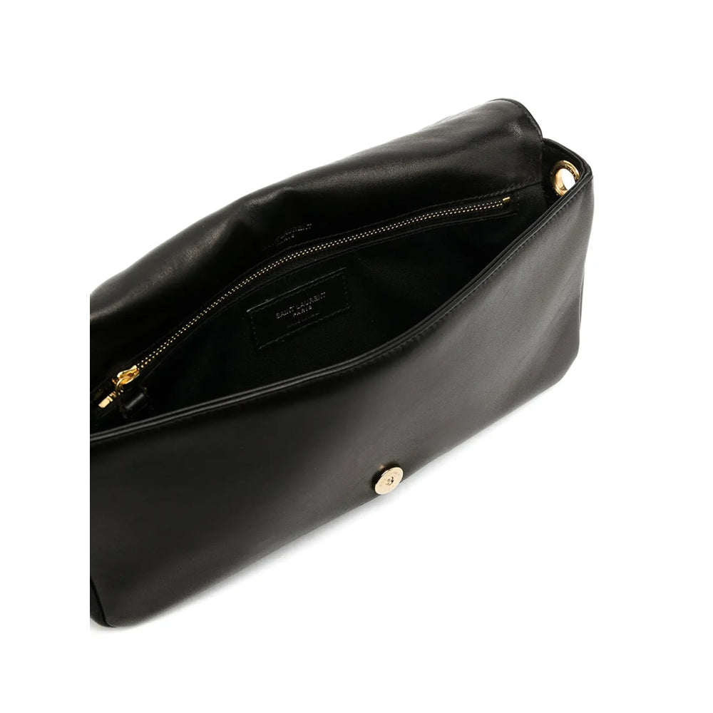 Black leather shoulder bag with top zip, gold hardware, and logo detail
