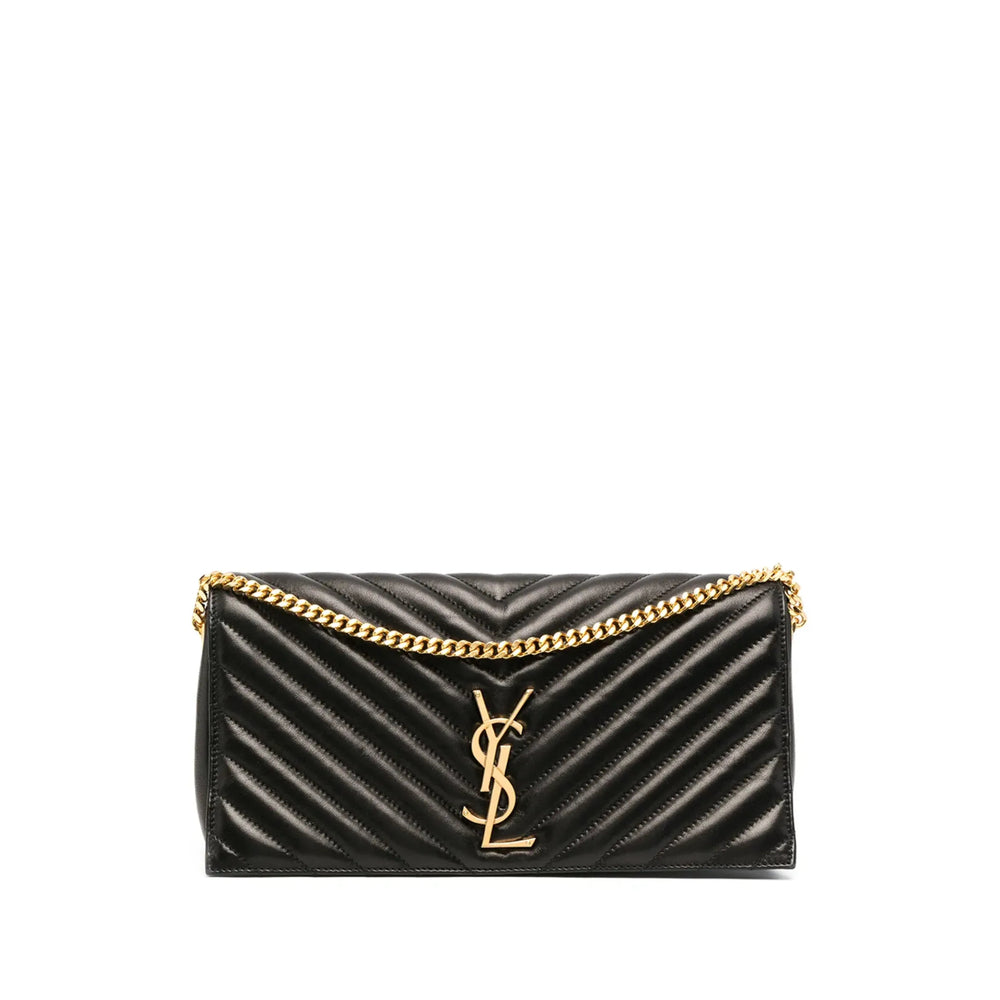 Quilted black leather shoulder bag with gold chain strap and YSL logo