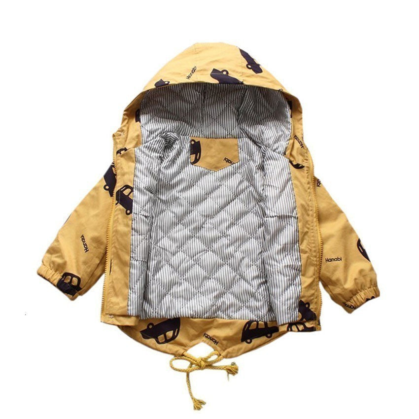 Kids' cotton-padded hooded coat, yellow back view with gray striped lining