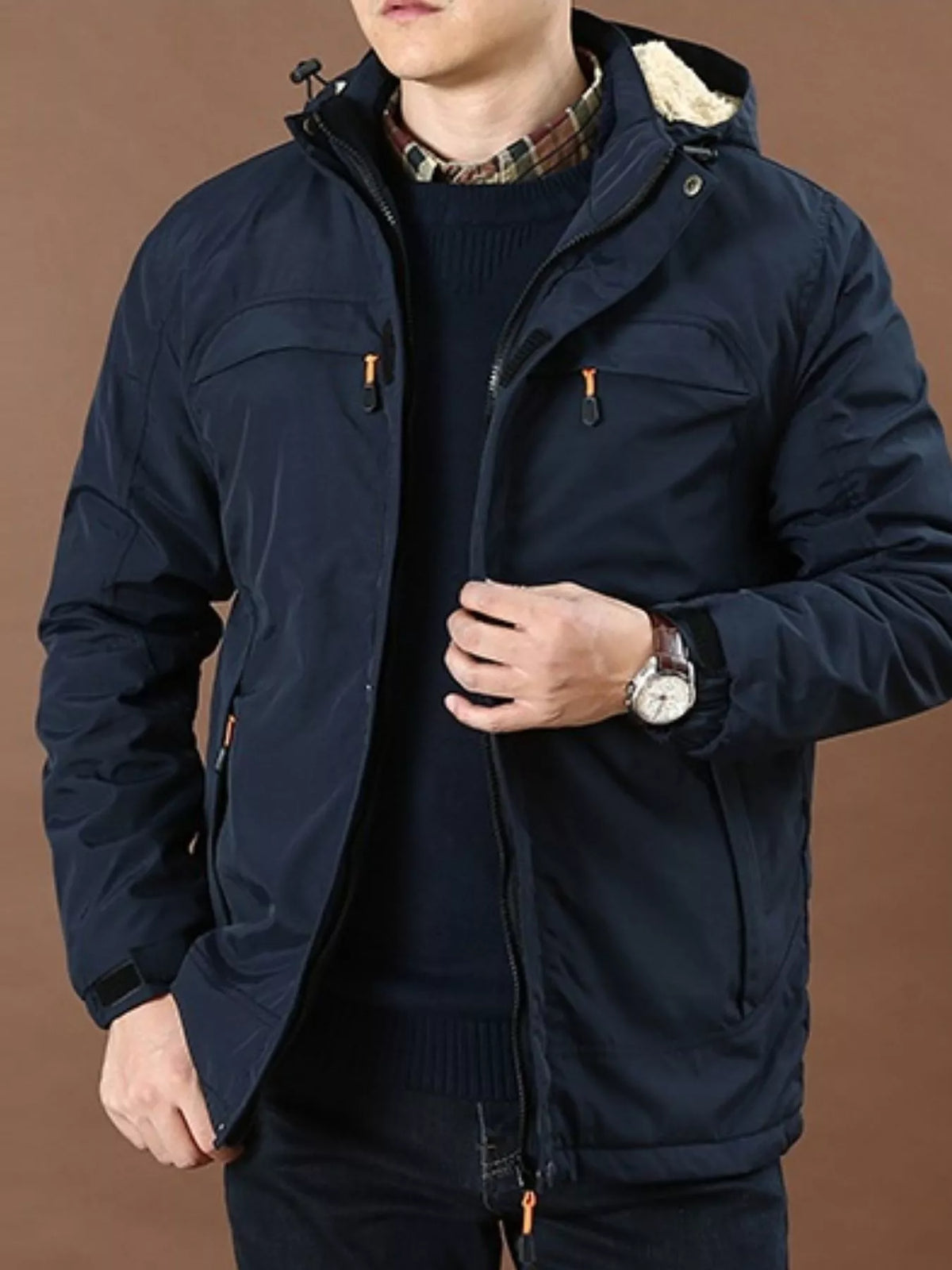 Men's navy hooded fleece-lined jacket with zip front and sherpa collar