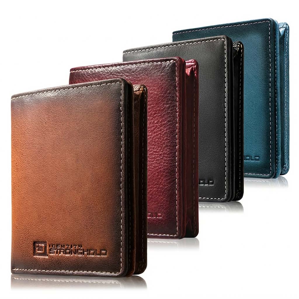 Minimalist RFID wallet, stacked assortment of brown, red, black, and blue colors