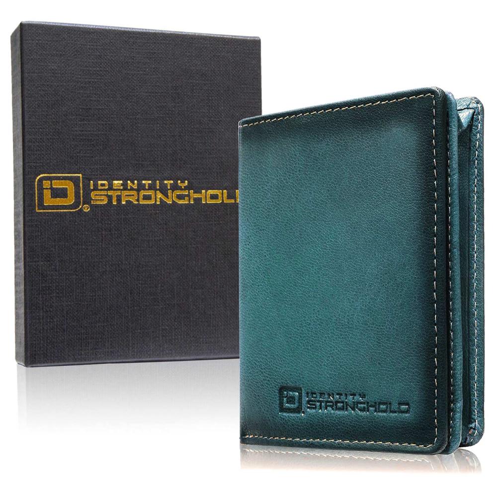 Teal minimalist leather wallet with embossed Identity Stronghold logo and stitched edges
