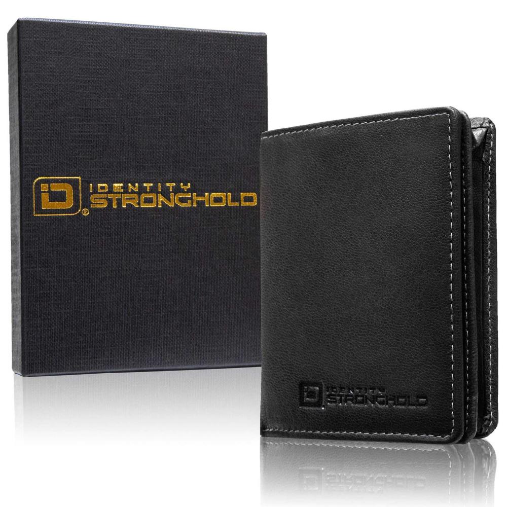 Minimalist RFID wallet and gift box, black leather with stitched edge and logo
