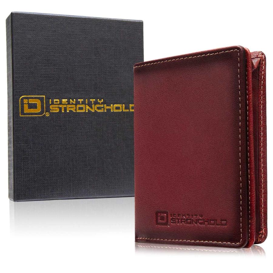 Brown minimalist leather wallet with embossed logo and contrast stitching