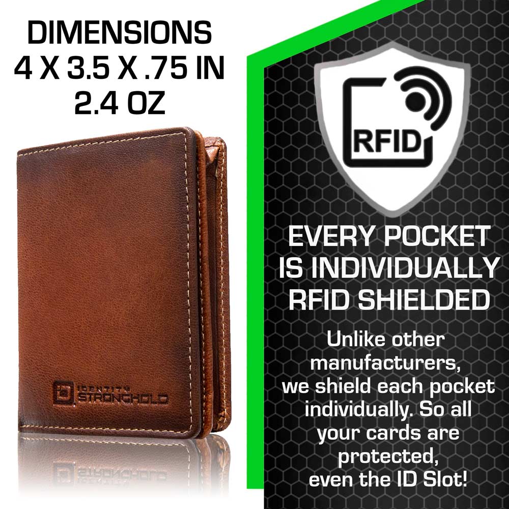 Brown minimalist RFID secure wallet with leather-like finish and side card holder