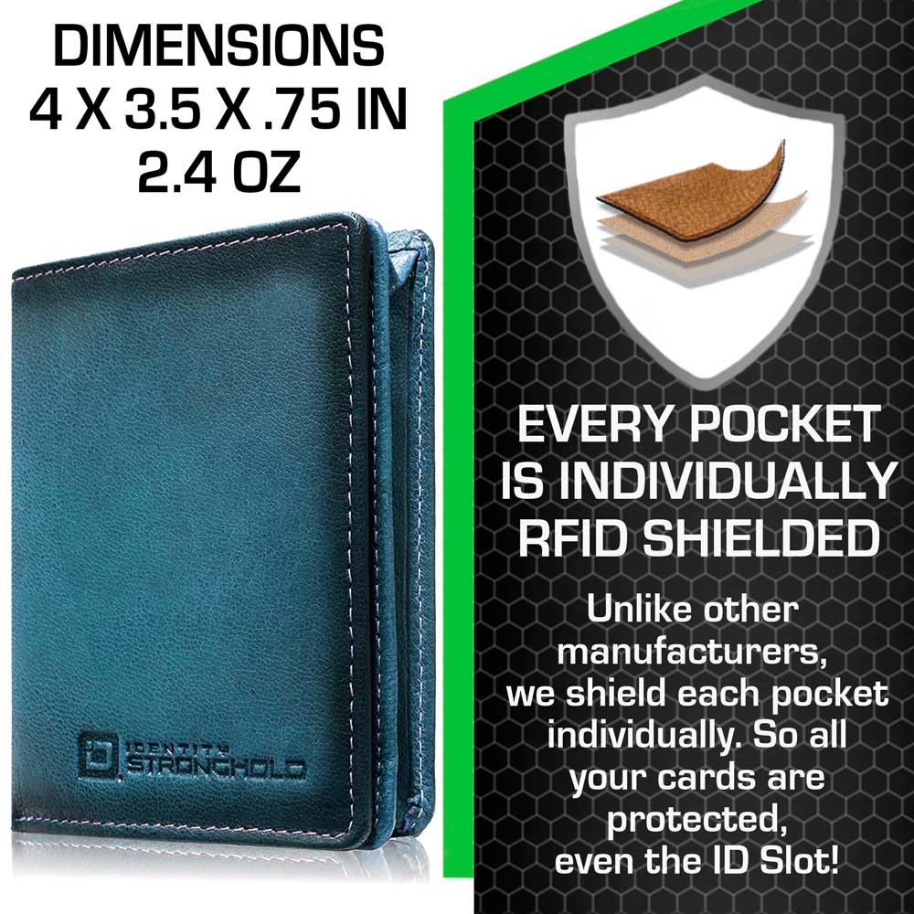 Teal minimalist leather wallet with blue contrast stitching and embossed logo
