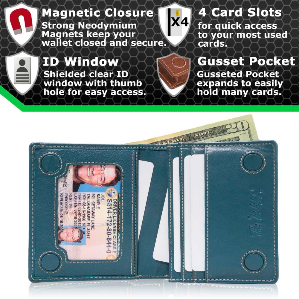 Teal wallet open showing card slots, ID window, and gusset pocket
