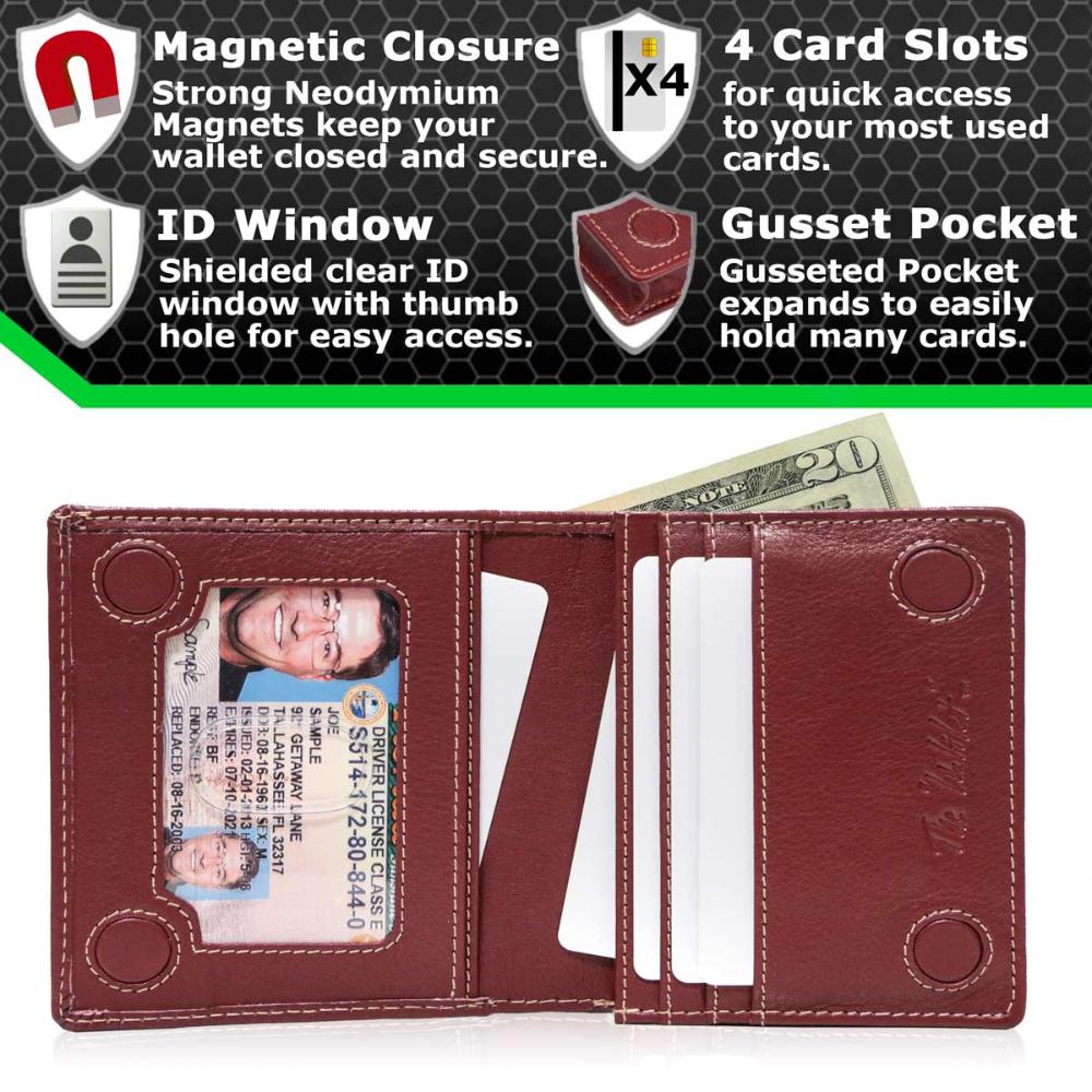 Red bifold wallet open view showing ID window, card slots, and inner gusset pocket