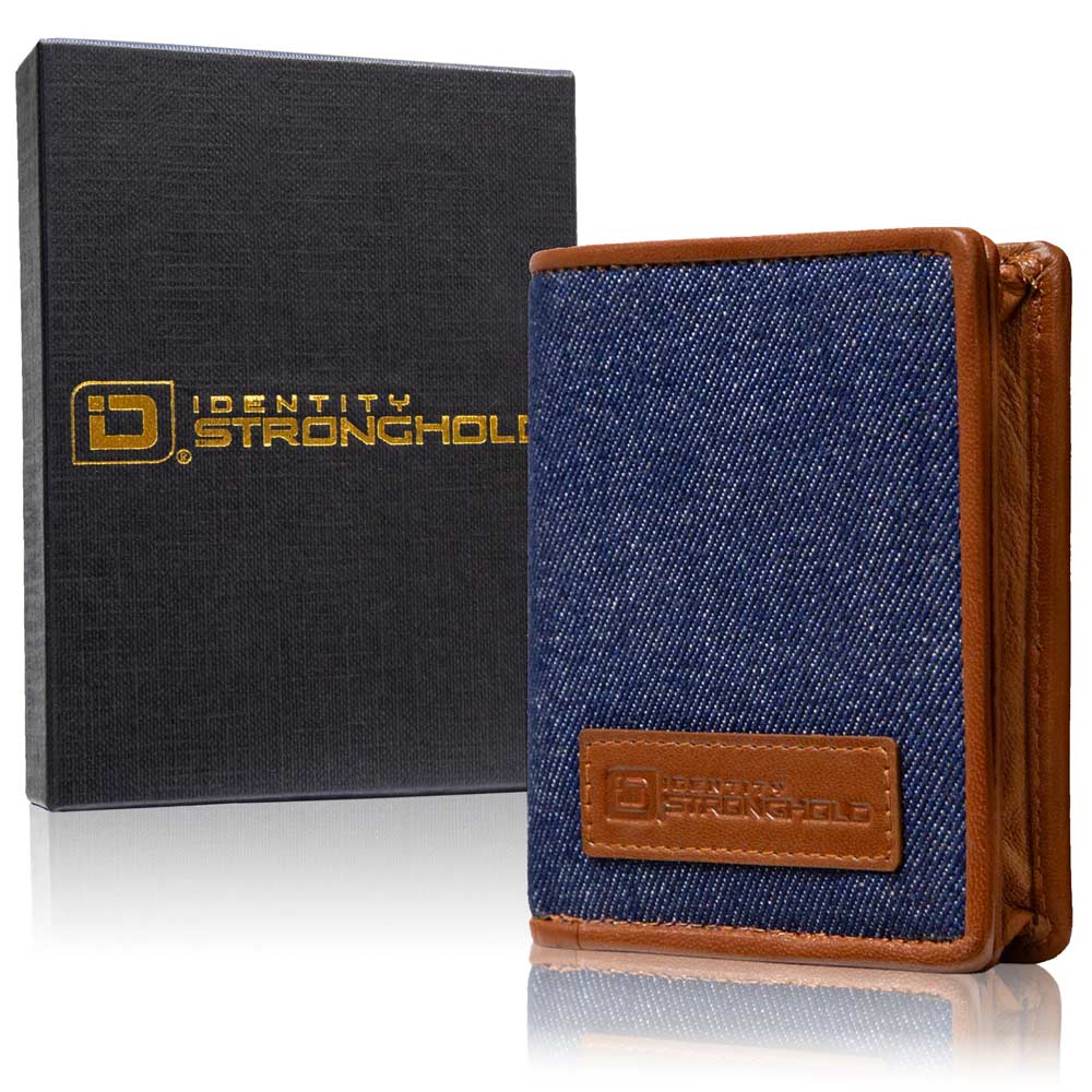 RFID minimalist denim wallet with brown leather trim, shown with retail gift box.