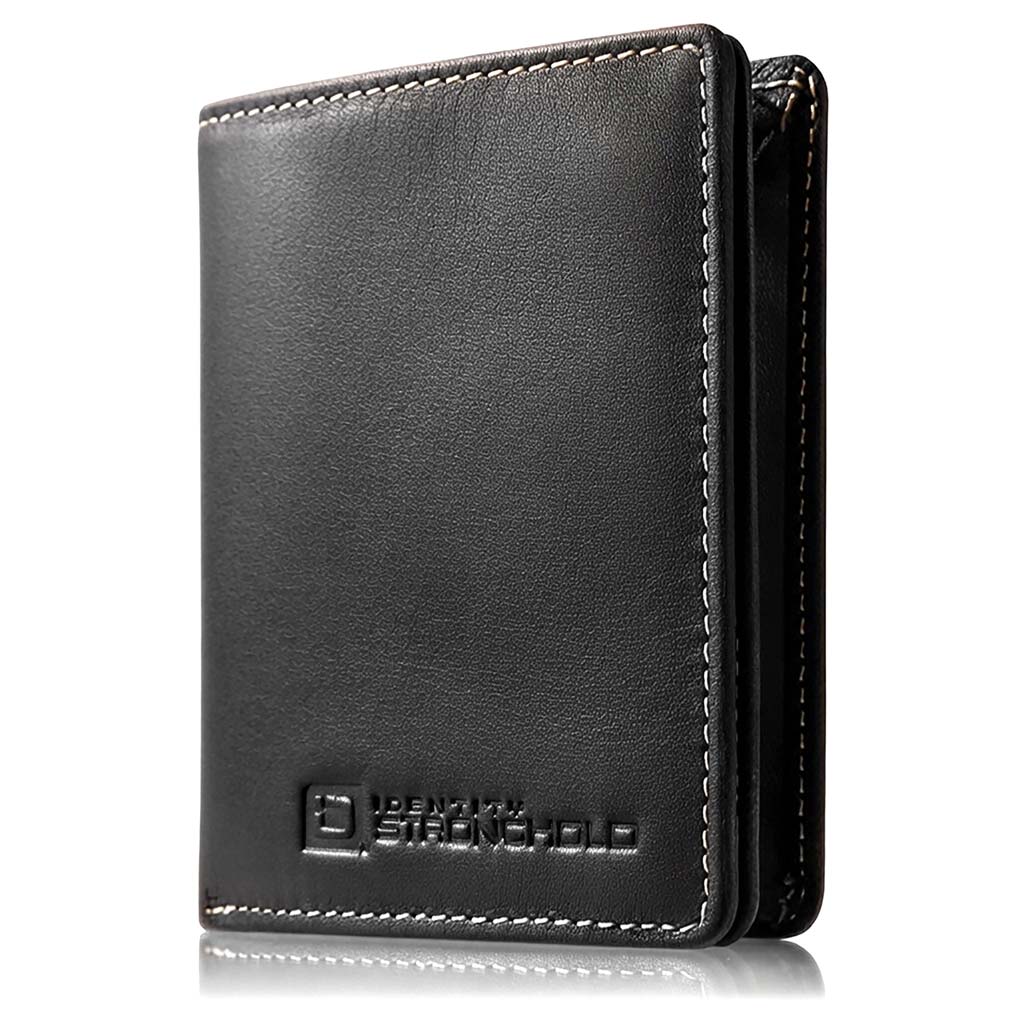 Minimalist RFID wallet, black leather with stitched edge and Identity Stronghold logo