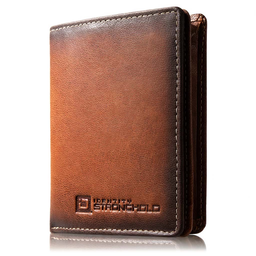 Minimalist RFID wallet, brown leather with stitched border and Identity Stronghold logo