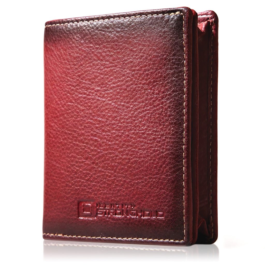 Red leather-like bi-fold wallet with stitched edges and embossed logo