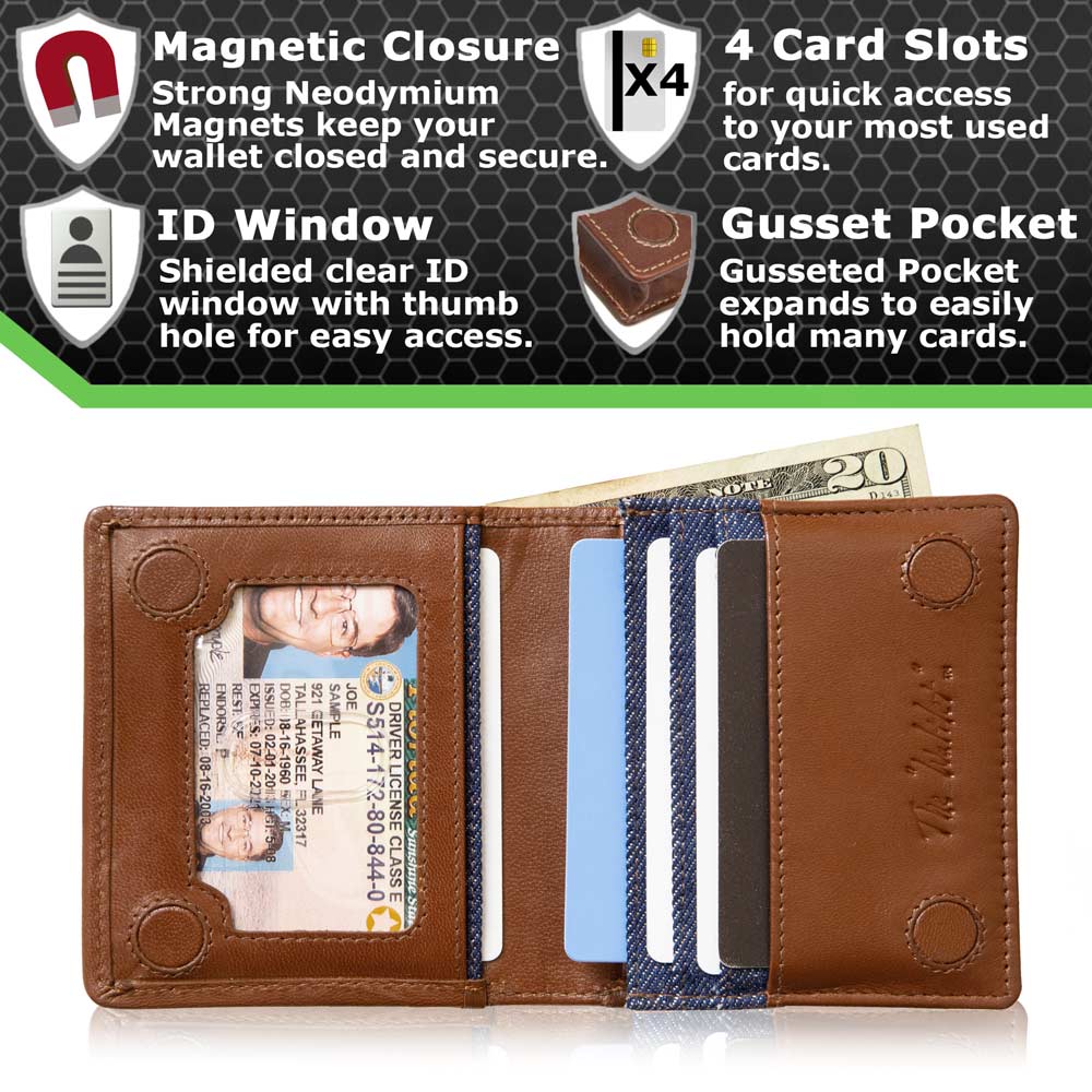 RFID minimalist wallet open: brown leather card slots with ID window and bill pocket.