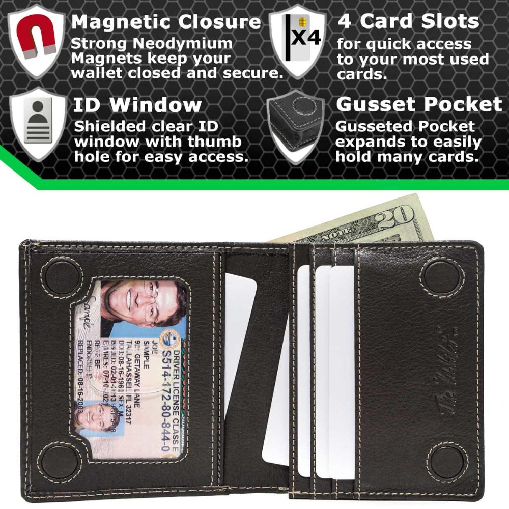 Minimalist RFID wallet, black with magnetic closure, ID window, and card slots