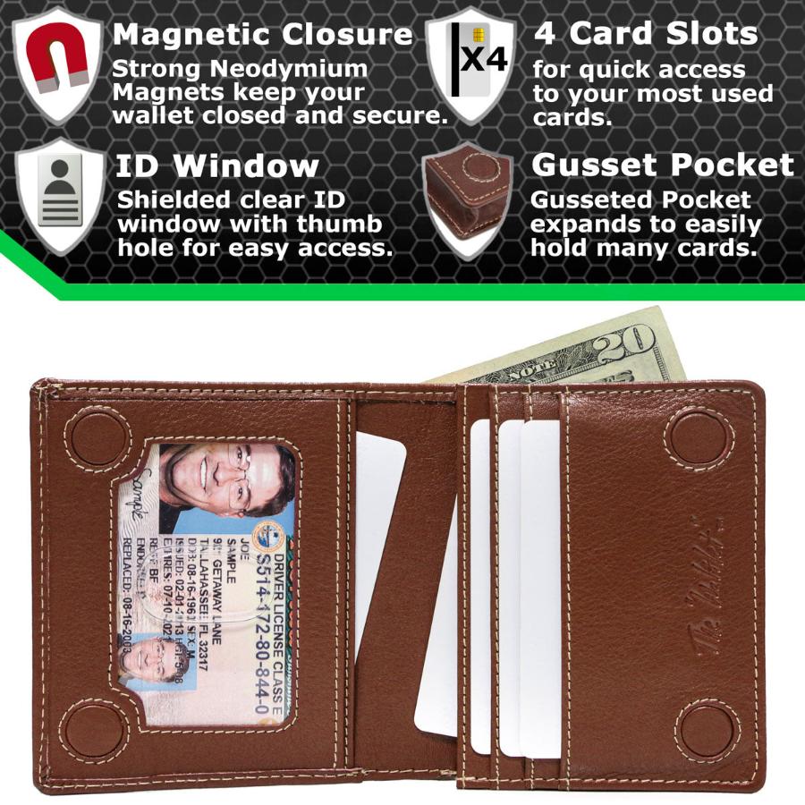 Brown bifold wallet open view showing ID window, four card slots, and side pocket