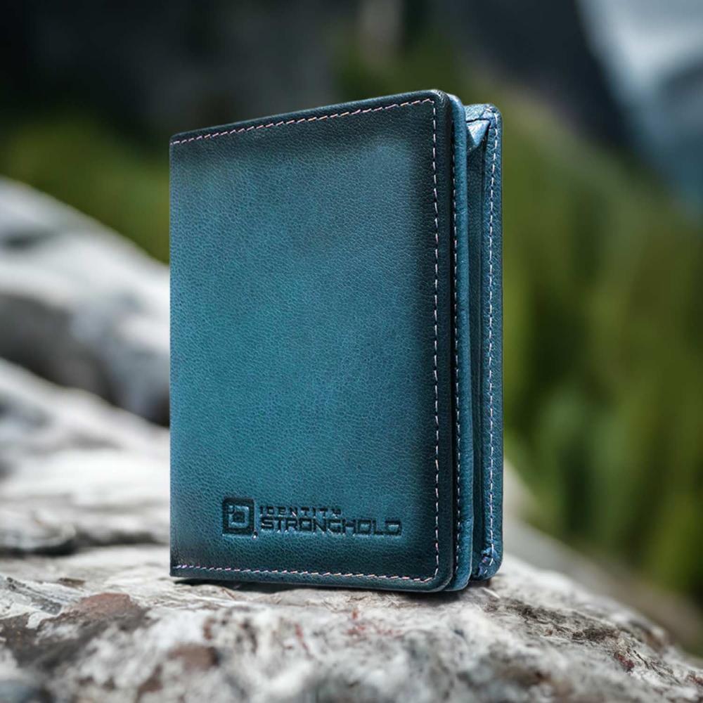 Teal minimalist leather wallet with embossed logo and contrast stitching