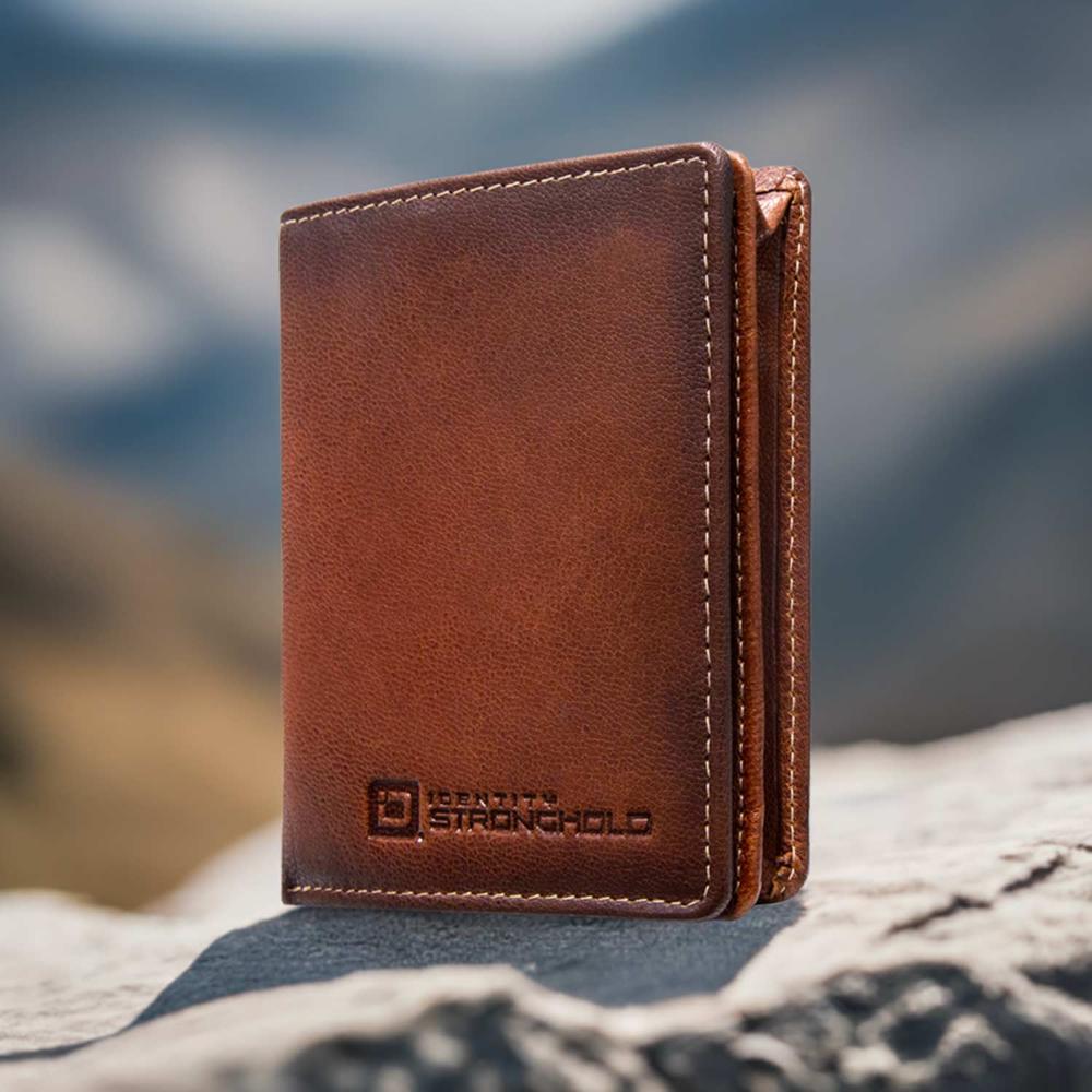 Brown leather-like bi-fold wallet with stitched edges and embossed logo