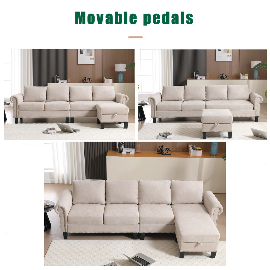 Beige L-shaped sectional sofa with chaise section and tufted seat cushions.