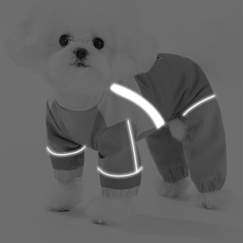 Color-block waterproof dog jumpsuit with reflective piping and full-body coverage