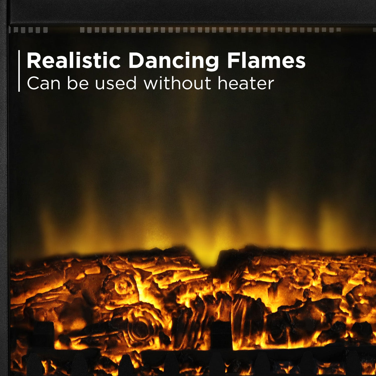 Close-up of realistic electric fireplace flames and glowing logs behind the glass door