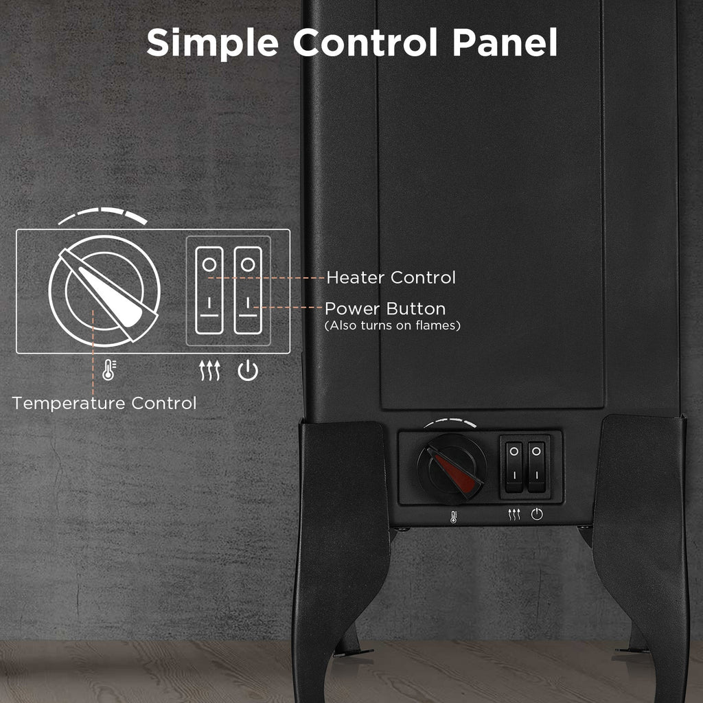 Black electric fireplace stove heater showing simple control panel on the side