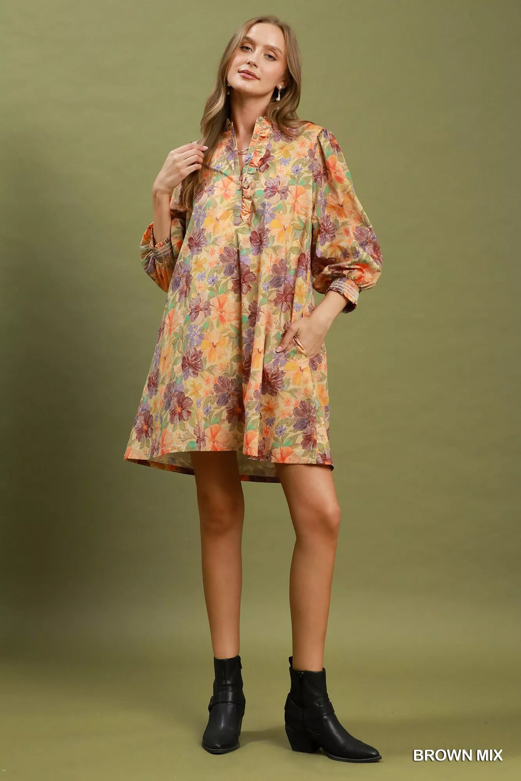 Floral mini dress with smocked cuffs and long sleeves, button front, brown mix