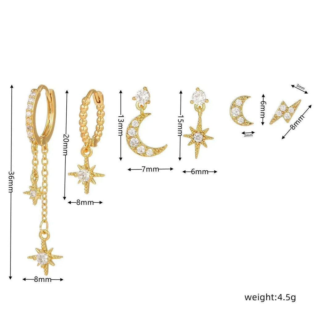 Gold celestial earring set with star and crescent charms, shown with size measures and 4.5g weight.