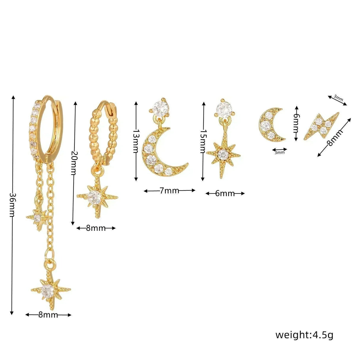 Gold celestial earring set with star and crescent charms, shown with size measures and 4.5g weight.