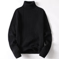 Black ribbed turtleneck sweater with long sleeves and ribbed hem.