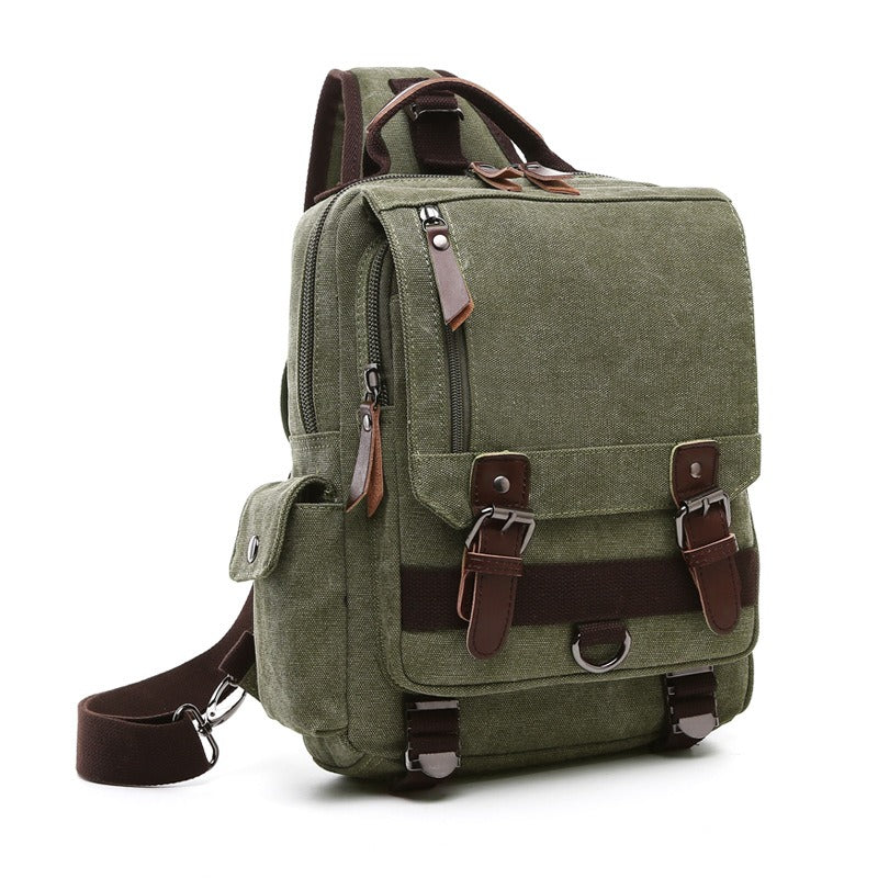 Olive green canvas backpack with front flap pocket, side zipper, and adjustable strap
