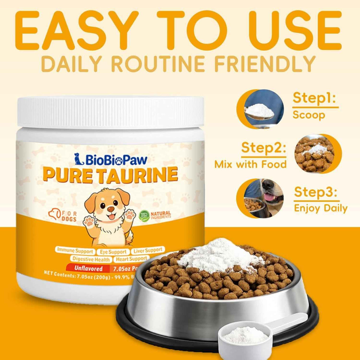 BioBioPaw taurine powder tub beside kibble topped with powder and a scoop
