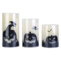 3-pack LED flameless candles with jack-o-lantern and bat silhouettes, warm orange glow